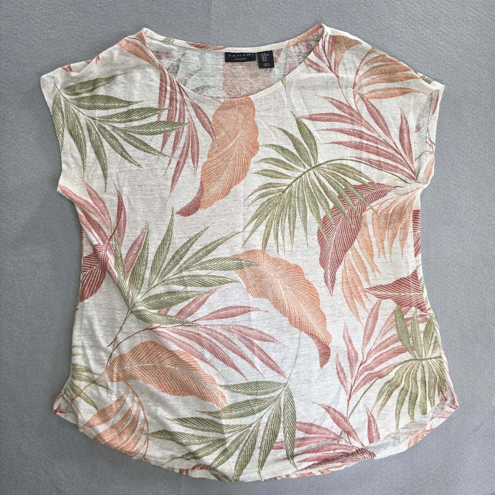 Tahari Coastal Tropical Leaf Print Top XL Linen Summer Vacation Boho White